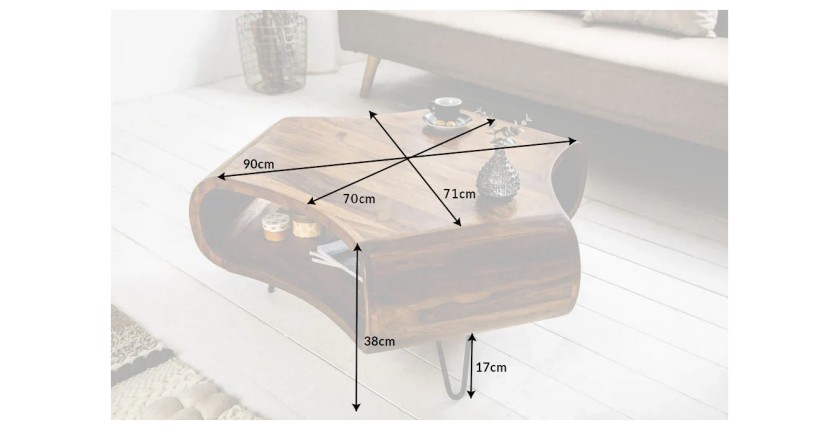Table basse NERA 90 cm en bois massif de Sheesham avec niche et pieds métal noir – style rétro industriel