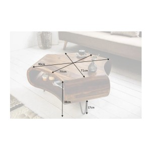 Table basse NERA 90 cm en bois massif de Sheesham avec niche et pieds métal noir – style rétro industriel