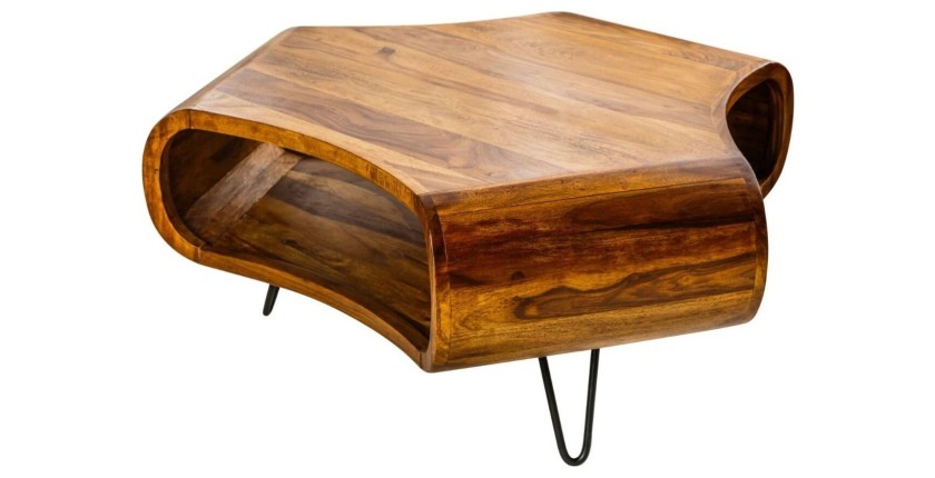 Table basse NERA 90 cm en bois massif de Sheesham avec niche et pieds métal noir – style rétro industriel