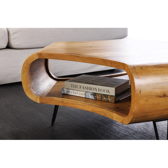 Salontafel NERA 90 cm in massief acaciahout met nis en zwarte metalen poten - industriële retrostijl