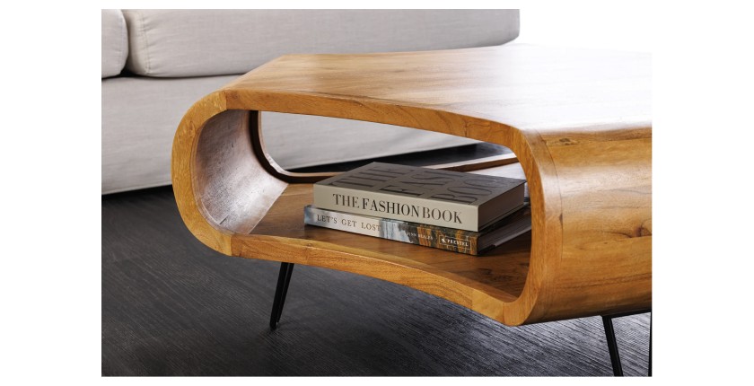 Table basse NERA 90 cm en bois massif d'acacia avec niche et pieds métal noir – style rétro industriel