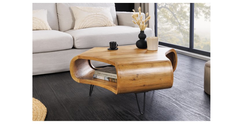Table basse NERA 90 cm en bois massif d'acacia avec niche et pieds métal noir – style rétro industriel