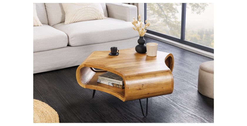 Table basse NERA 90 cm en bois massif d'acacia avec niche et pieds métal noir – style rétro industriel