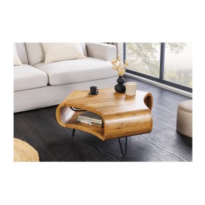 Table basse NERA 90 cm en bois massif d'acacia avec niche et pieds métal noir – style rétro industriel