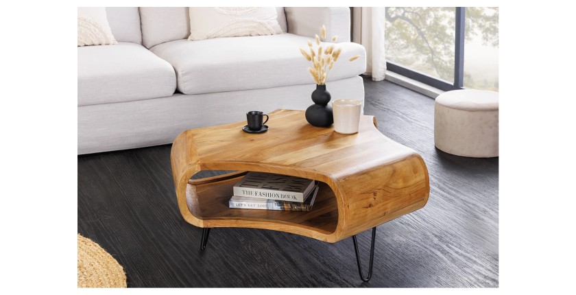 Table basse NERA 90 cm en bois massif d'acacia avec niche et pieds métal noir – style rétro industriel