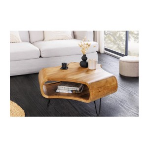 Table basse NERA 90 cm en bois massif d'acacia avec niche et pieds métal noir – style rétro industriel