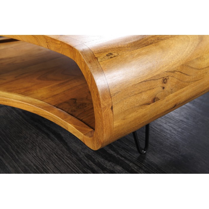 Salontafel NERA 90 cm in massief acaciahout met nis en zwarte metalen poten - industriële retrostijl