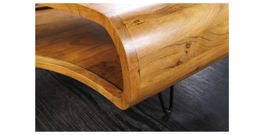 Table basse NERA 90 cm en bois massif d'acacia avec niche et pieds métal noir – style rétro industriel