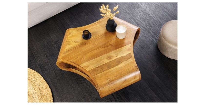 Table basse NERA 90 cm en bois massif d'acacia avec niche et pieds métal noir – style rétro industriel