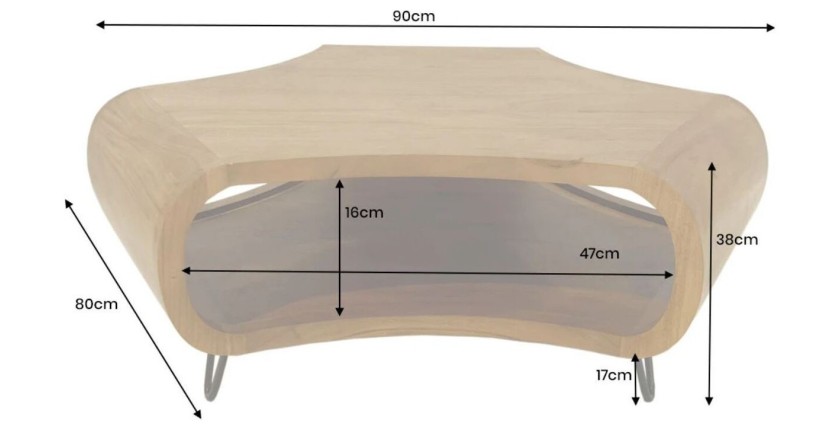Table basse NERA 90 cm en bois massif d'acacia avec niche et pieds métal noir – style rétro industriel