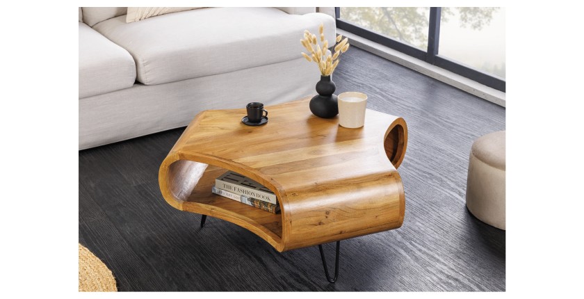 Table basse NERA 90 cm en bois massif d'acacia avec niche et pieds métal noir – style rétro industriel
