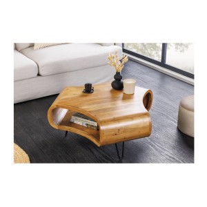 Table basse NERA 90 cm en bois massif d'acacia avec niche et pieds métal noir – style rétro industriel