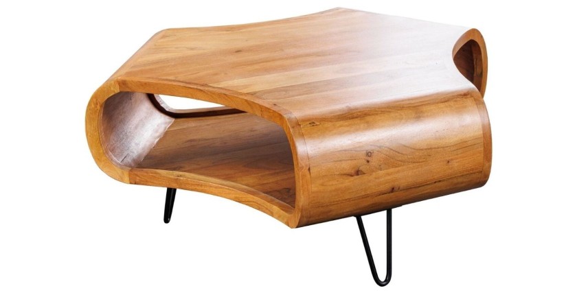 Table basse NERA 90 cm en bois massif d'acacia avec niche et pieds métal noir – style rétro industriel