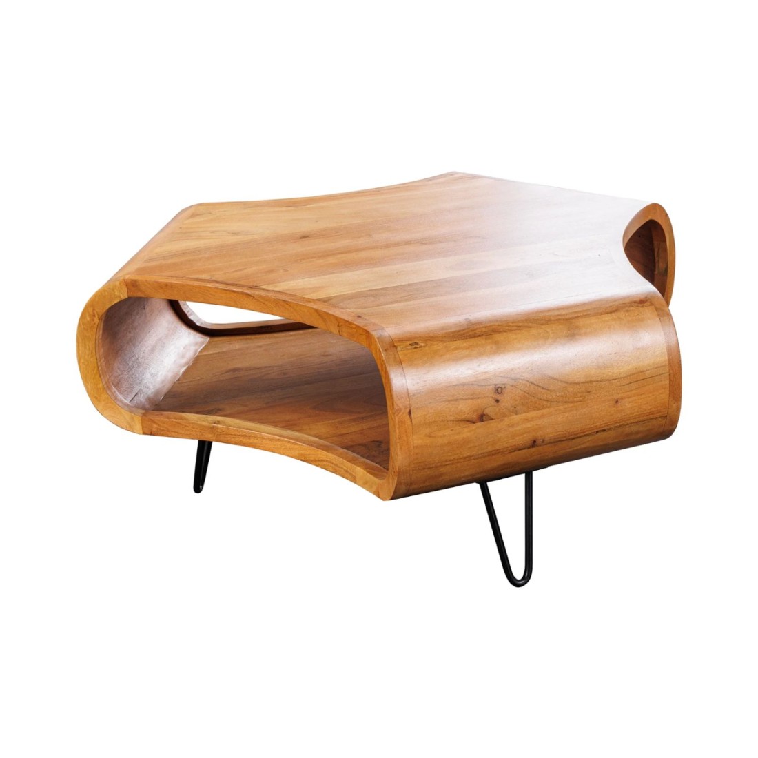Table basse NERA 90 cm en bois massif d'acacia avec niche et pieds métal noir – style rétro industriel