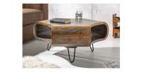 Table basse NERA 80 cm en bois massif de Sheesham marron et gris avec niche – design rétro industriel