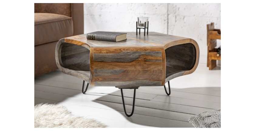 Table basse NERA 80 cm en bois massif de Sheesham marron et gris avec niche – design rétro industriel