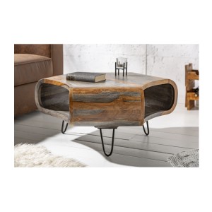 Table basse NERA 80 cm en bois massif de Sheesham marron et gris avec niche – design rétro industriel