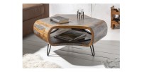 Table basse NERA 80 cm en bois massif de Sheesham marron et gris avec niche – design rétro industriel