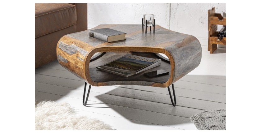 Table basse NERA 80 cm en bois massif de Sheesham marron et gris avec niche – design rétro industriel