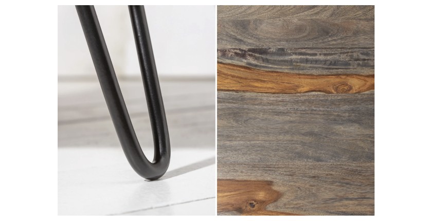 Table basse NERA 80 cm en bois massif de Sheesham marron et gris avec niche – design rétro industriel