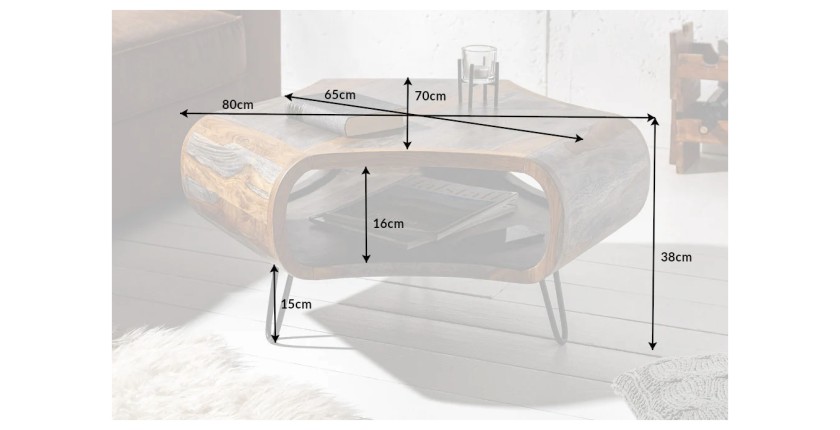 Table basse NERA 80 cm en bois massif de Sheesham marron et gris avec niche – design rétro industriel