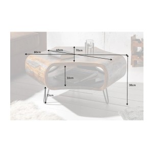 Table basse NERA 80 cm en bois massif de Sheesham marron et gris avec niche – design rétro industriel