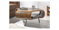Table basse NERA 80 cm en bois massif de Sheesham marron et gris avec niche – design rétro industriel
