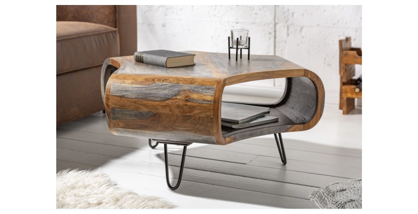 Table basse NERA 80 cm en bois massif de Sheesham marron et gris avec niche – design rétro industriel