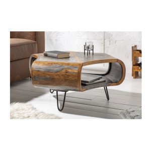 Table basse NERA 80 cm en bois massif de Sheesham marron et gris avec niche – design rétro industriel