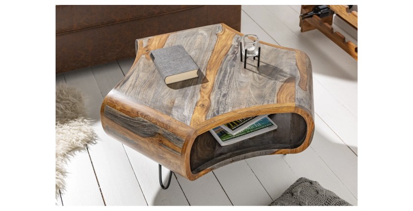 Table basse NERA 80 cm en bois massif de Sheesham marron et gris avec niche – design rétro industriel