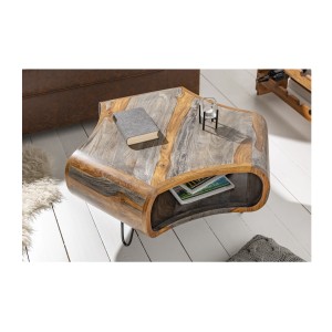 Table basse NERA 80 cm en bois massif de Sheesham marron et gris avec niche – design rétro industriel