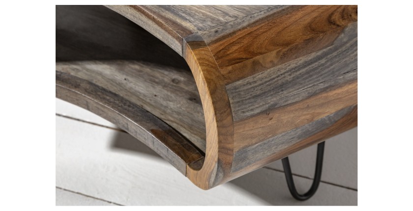 Table basse NERA 80 cm en bois massif de Sheesham marron et gris avec niche – design rétro industriel