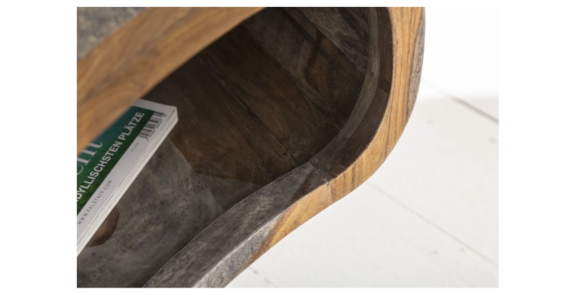 Table basse NERA 80 cm en bois massif de Sheesham marron et gris avec niche – design rétro industriel