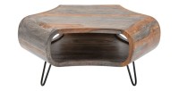 Table basse NERA 80 cm en bois massif de Sheesham marron et gris avec niche – design rétro industriel