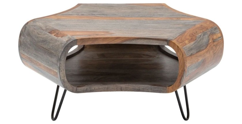 Table basse NERA 80 cm en bois massif de Sheesham marron et gris avec niche – design rétro industriel