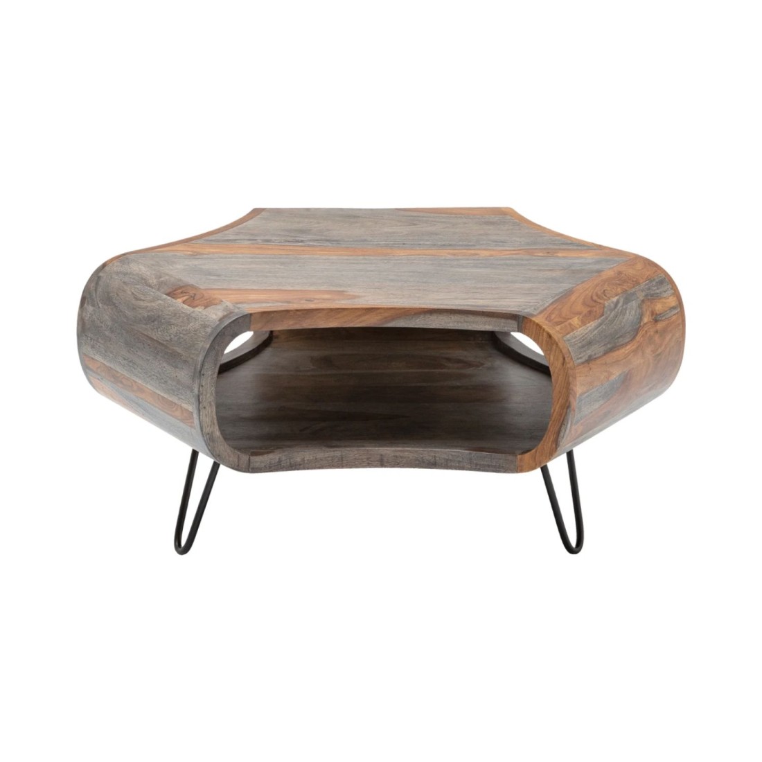 Table basse NERA 80 cm en bois massif de Sheesham marron et gris avec niche – design rétro industriel