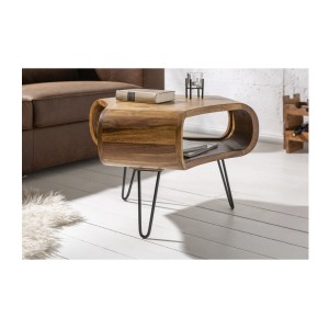 Table basse NERA 70 cm en bois massif de Sheesham avec niche et pieds métal noir – style rétro industriel