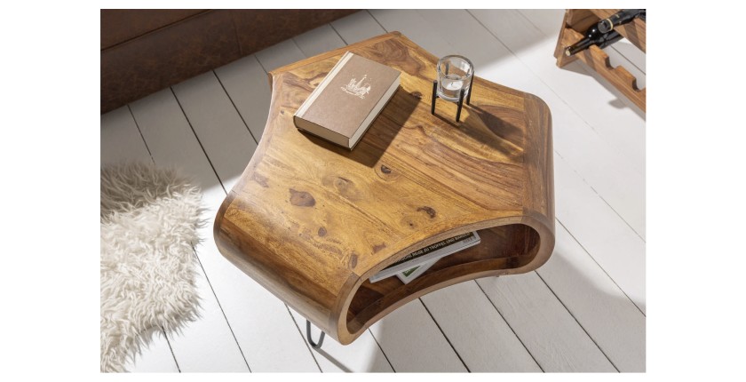 Table basse NERA 70 cm en bois massif de Sheesham avec niche et pieds métal noir – style rétro industriel