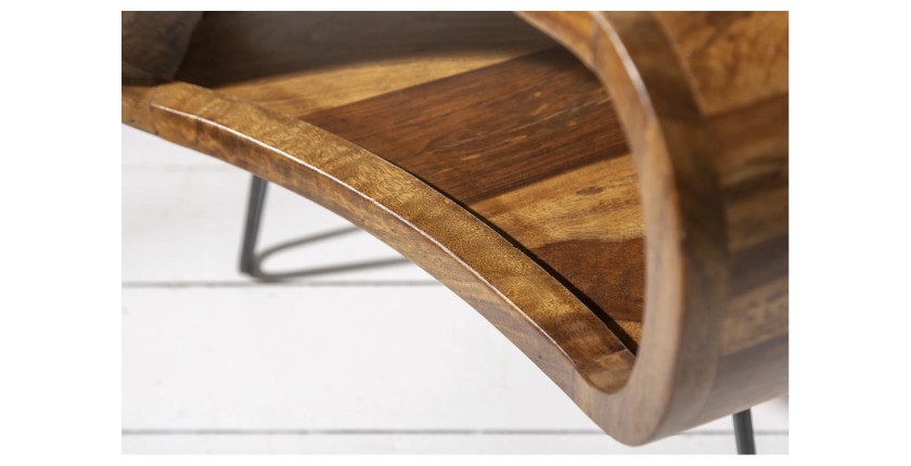 Table basse NERA 70 cm en bois massif de Sheesham avec niche et pieds métal noir – style rétro industriel