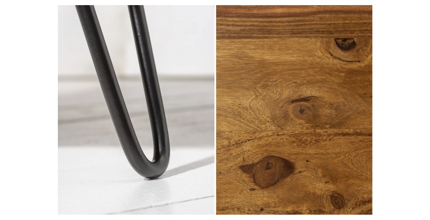 Table basse NERA 70 cm en bois massif de Sheesham avec niche et pieds métal noir – style rétro industriel