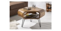 Table basse NERA 70 cm en bois massif de Sheesham avec niche et pieds métal noir – style rétro industriel