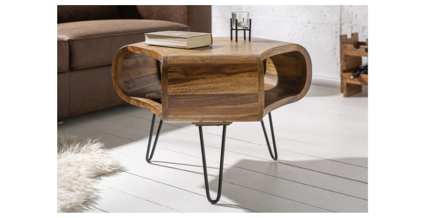 Table basse NERA 70 cm en bois massif de Sheesham avec niche et pieds métal noir – style rétro industriel