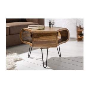 Table basse NERA 70 cm en bois massif de Sheesham avec niche et pieds métal noir – style rétro industriel