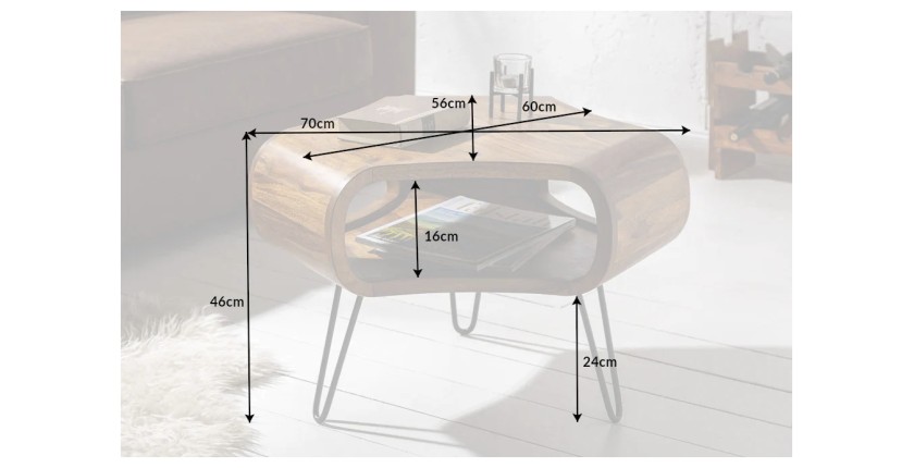 Table basse NERA 70 cm en bois massif de Sheesham avec niche et pieds métal noir – style rétro industriel