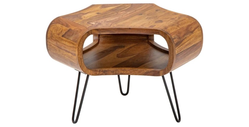 Table basse NERA 70 cm en bois massif de Sheesham avec niche et pieds métal noir – style rétro industriel