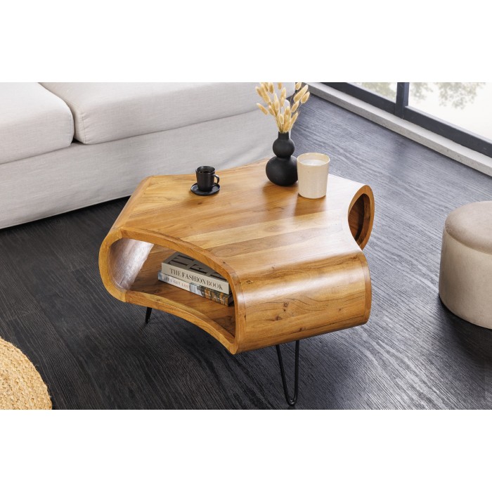 Couchtisch NERA 70 cm aus massivem Akazienholz mit Ablage und schwarzen Metallbeinen – Retro-Industriestil