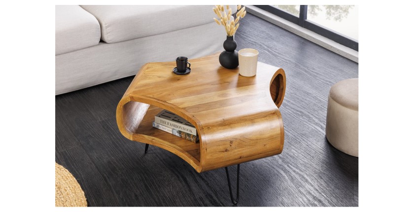 Table basse NERA 70 cm en bois massif d'acacia avec niche et pieds métal noir – style rétro industriel