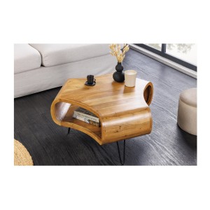 Table basse NERA 70 cm en bois massif d'acacia avec niche et pieds métal noir – style rétro industriel