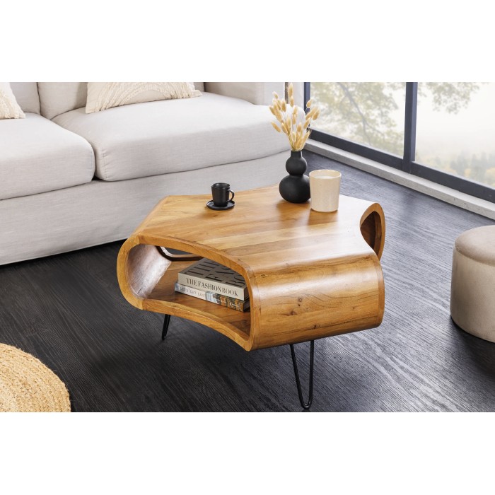 Couchtisch NERA 70 cm aus massivem Akazienholz mit Ablage und schwarzen Metallbeinen – Retro-Industriestil