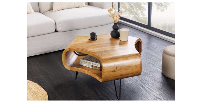 Table basse NERA 70 cm en bois massif d'acacia avec niche et pieds métal noir – style rétro industriel